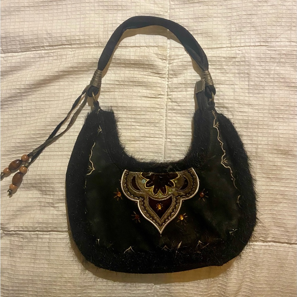 Embroidered Black Hobo Bag